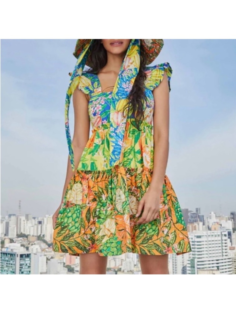 Tropical Print Ruffle-Sleeve Mini Dress Farm Rio Carpirina dress